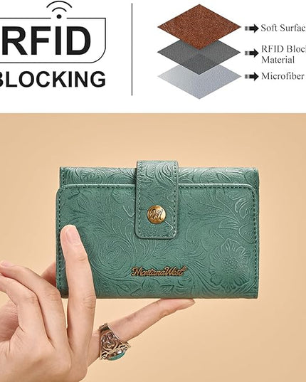 Montana West Women Wallet Small Embossed Floral RFID Wallets for Womens Wallet Card Holder Ladies Female Western Compact Wallets Turquoise with ID Window