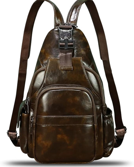 Genuine Leather Sling Bag for Men and Women Handmade Sling Backpack Purse Chest Over Shoulder Crossbody Bag Large Capacity (Coffee)