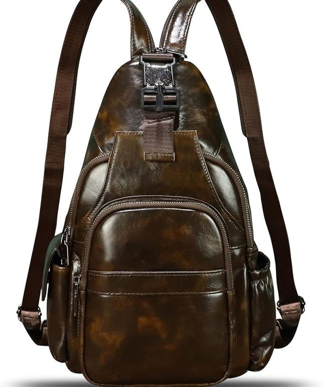 Genuine Leather Sling Bag for Men and Women Handmade Sling Backpack Purse Chest Over Shoulder Crossbody Bag Large Capacity (Coffee)