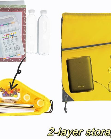 CODOBON Lightweight Drawstring Backpack – Foldable with 2 Compartments & Zip Pocket | Cable Port for Easy Access | Eco-Friendly for Gym, Travel, Everyday Use (20L, Yellow)