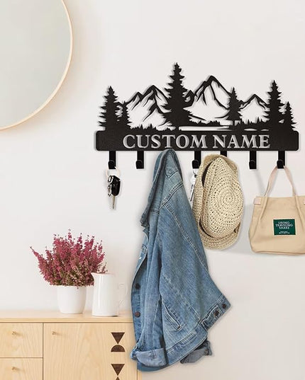 Dyoart Personalized Custom Mountain Theme Key Holder with Name, Metal Wall Mount, Coat Rack, Key Hooks, Home Decor Gift