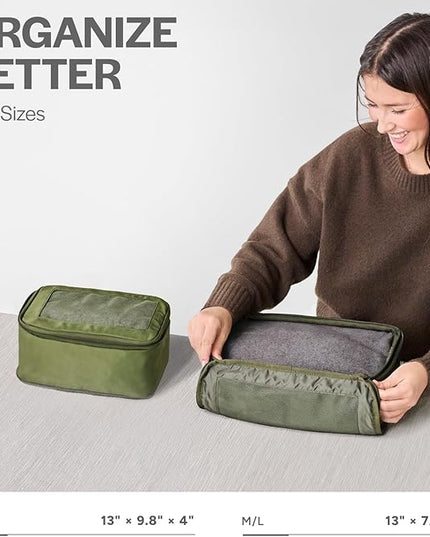 Aerotrunk Compression Packing Cubes for Travel - Luggage Organizer Bags - Double Zipper Packing Cubes for Suitcases (2-Pack, Olive)