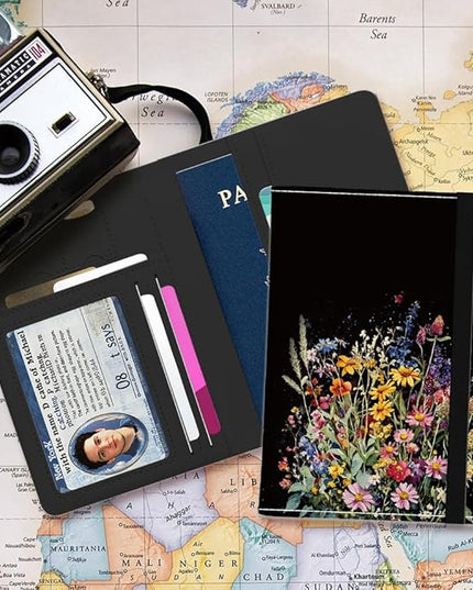 PU Leather Passport Holder Cover 5.9×4.3 Inch with Credit Card Slot and Boarding Pass Slot Combo Blocking Passport Holder Wallet Cover Case for Travel Boarding Essentials (Flower)