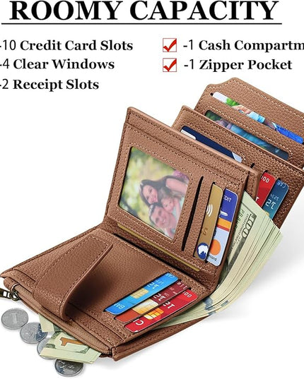 Airkit Small Wallet Women RFID Blocking Soft Leather Bifold Compact Card Holder Wallet for Women with Zipper Coin Pocket 4 ID Window