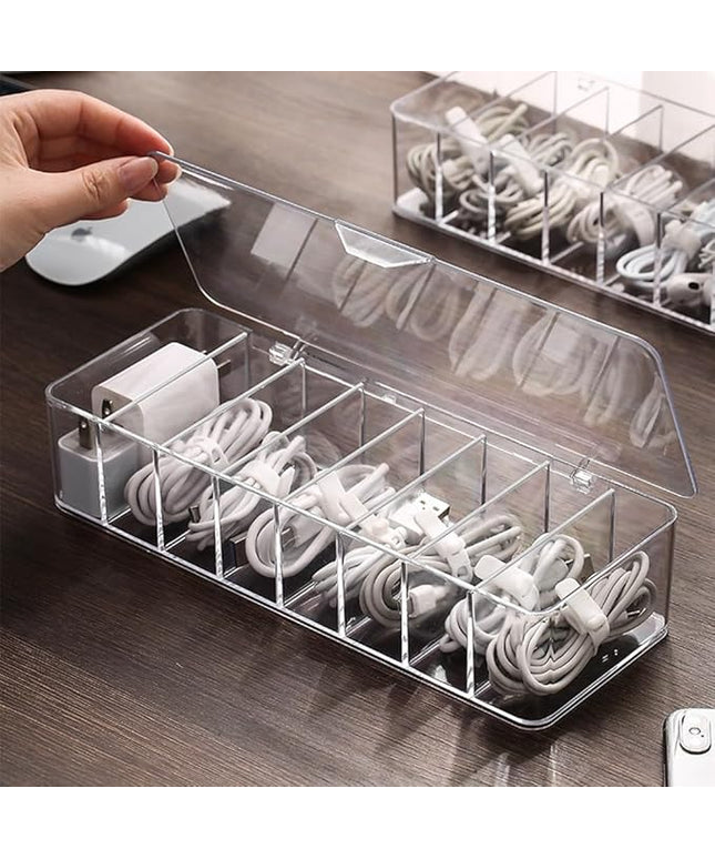 Clear Cable Management Box with Lid, 26x9x5.5cm, Desktop Cord Organizer with Compartments (1, 10.2 x 3.5 x 2.2)