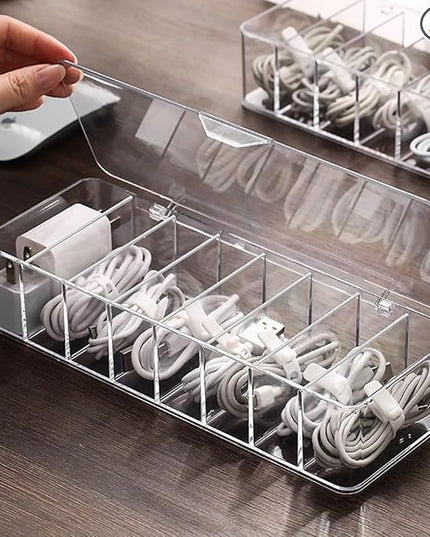 2Pcs Clear Cable Management Box with Lid, 26x9x5.5cm, Desktop Cord Organizer with Compartments (2, 10.2 x 3.5 x 2.2)