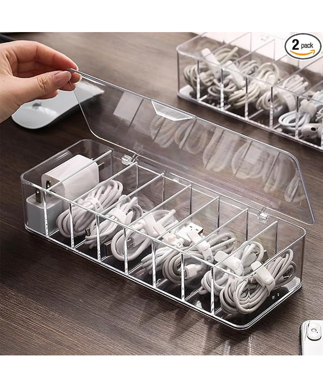 2Pcs Clear Cable Management Box with Lid, 26x9x5.5cm, Desktop Cord Organizer with Compartments (2, 10.2 x 3.5 x 2.2)