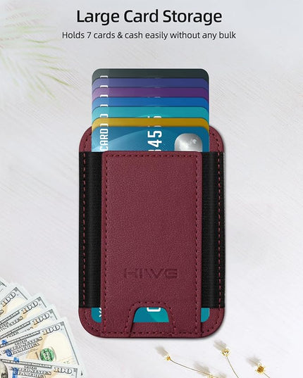 Card Holder for Phone Case, Leather Phone Wallet Stick On, Strongest Adhesive Phones Wallet for iPhone/Android, Minimalist Slim RFID, Fit 7 Cards, Red, 1 Pack