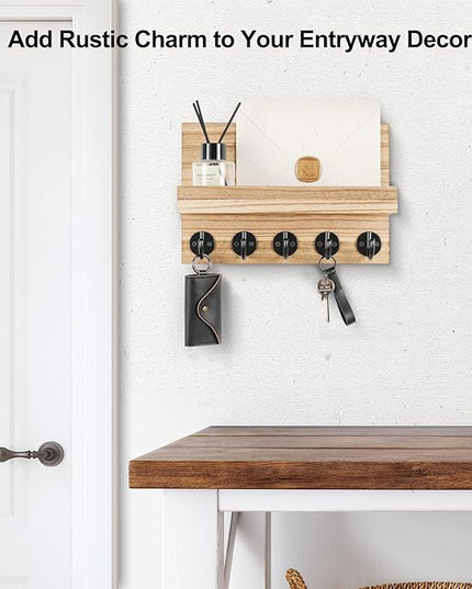 Lwenki Key Holder for Wall, Decorative Key and Mail Holder with Shelf Has Large Key Hooks for Bags, Coats – Paulownia Wood Key Hanger with Mounting Hardware (9.8”W x 6.7”H x 4.2”D) (Burnt Wood)