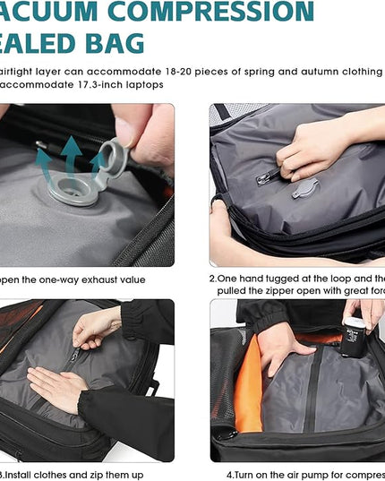 Vacuum Compression Backpack with Pump, Extra Large Capacity 45L Expandable Travel Backpack, Water Resistant 17.3" Laptop Backpack with USB Charging Port for Men & Women