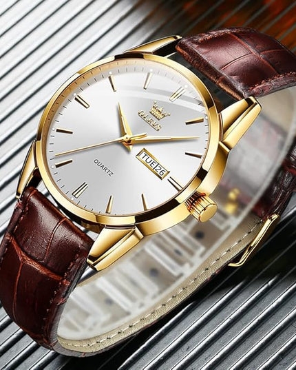 OLEVS Watches for Men Brown Leather Gold Case Analog Quartz Fashion Business Dress Watch Day Date Luminous Waterproof Casual Male Wrist Watches
