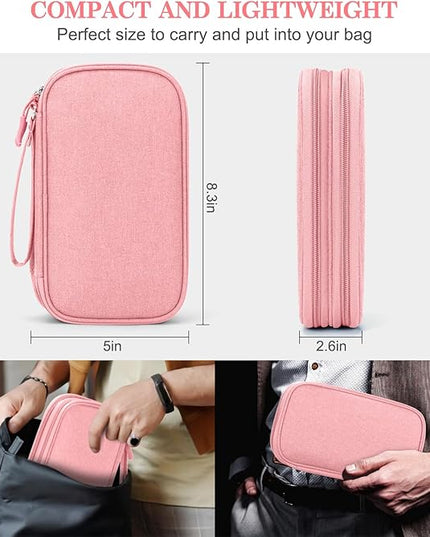 FYY Electronic Organizer, Electronic Accessories Carry Case Portable Waterproof Pouch Double Layers Storage Bag for Travel Cable, Cord, Charger, Phone, Earphone, Medium Size, Pink