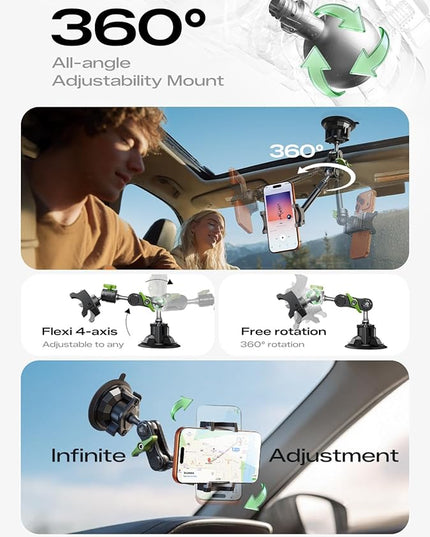 MAGIC JOHN Car Phone Holder, Ultra-Durable Mteal Phone Holders for Your Car, 360° Rotation Cell Phone Car Mount for Windshield, Suction Cup Car Phone Mount for iPhone Samsung All Smartphone