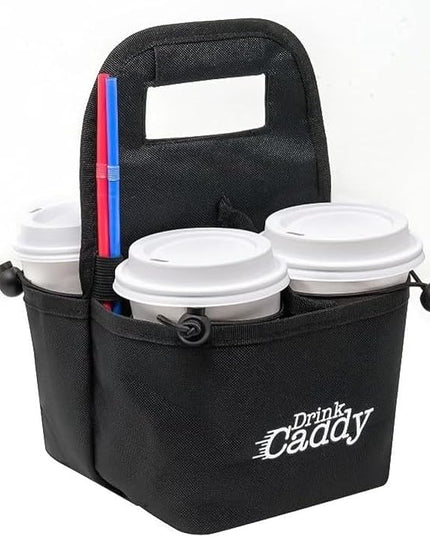Drink Caddy Portable Drink Carrier and Reusable Coffee Cup Holder - 4 Cup Collapsible Tote Bag with Organizer Pockets Safely Secures Hot and Cold Beverages - Perfect for Food Delivery and Take Out