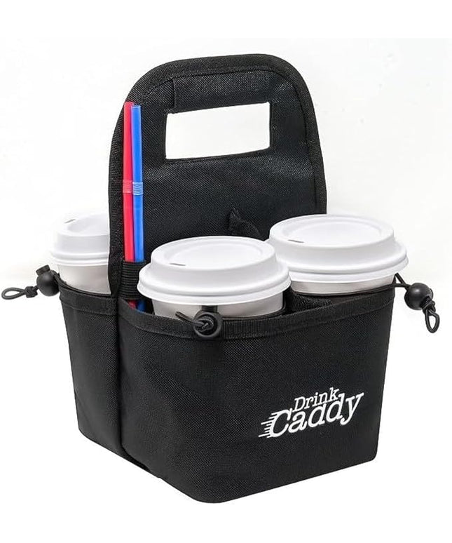 Drink Caddy Portable Drink Carrier and Reusable Coffee Cup Holder - 4 Cup Collapsible Tote Bag with Organizer Pockets Safely Secures Hot and Cold Beverages - Perfect for Food Delivery and Take Out