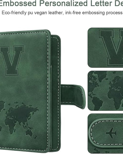 Personalized V Passport Holder Cover Initial Letter Travel Wallet RFID Blocking Passport Cover Credit Card Holder Case Passport Book Holders for Women and Men, Pine Green-V