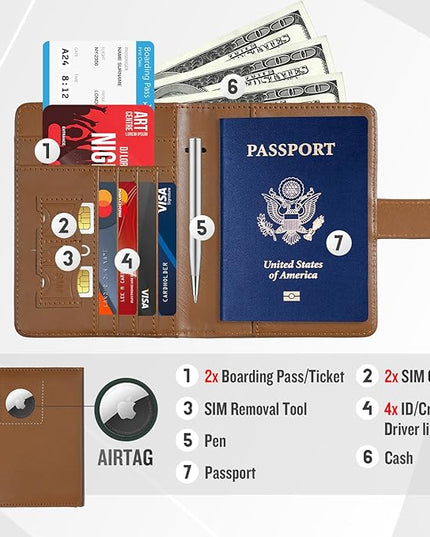 Passport Holder with Airtag Slot Cards Cash Air Ticket Pocket, Travle Gifts for Women Men RFID Blocking Wallet, Passport Book Cover Case Brown