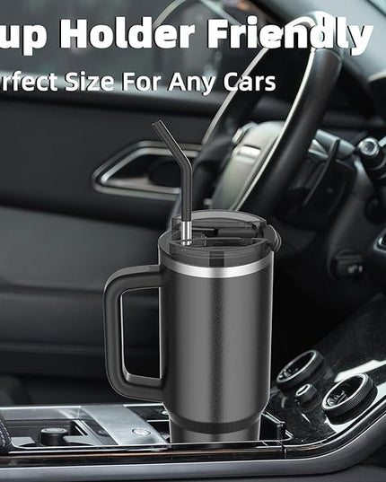 40 oz tumbler with handle and straw,Double Wall Vacuum Reusable Stainless Steel Insulated Water Bottle,With Leak Proof lid and Straw for Iced or Cold Beverages (Black)