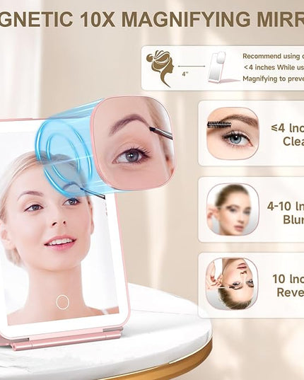 LED Foldable Travel Makeup Mirror - 5x7 inches 3 Colors Light Modes USB Rechargeable Touch Screen, Portable Tabletop Cosmetic for Travel, Cosmetic, Office (Rose Gold)
