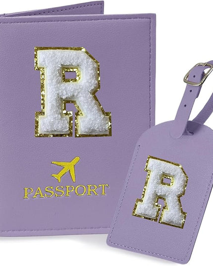 COSHAYSOO Purple Passport Cover and Initial Luggage Tag Set TSA Approved with Preppy Chenille Letter Patch for Women Girl Friends, Trendy Travel Bag Backpack Suitcase Identifier Thanksgiving Gifts (R)