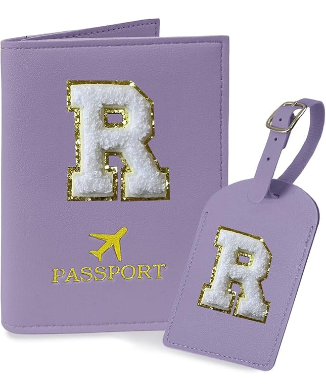 COSHAYSOO Purple Passport Cover and Initial Luggage Tag Set TSA Approved with Preppy Chenille Letter Patch for Women Girl Friends, Trendy Travel Bag Backpack Suitcase Identifier Thanksgiving Gifts (R)