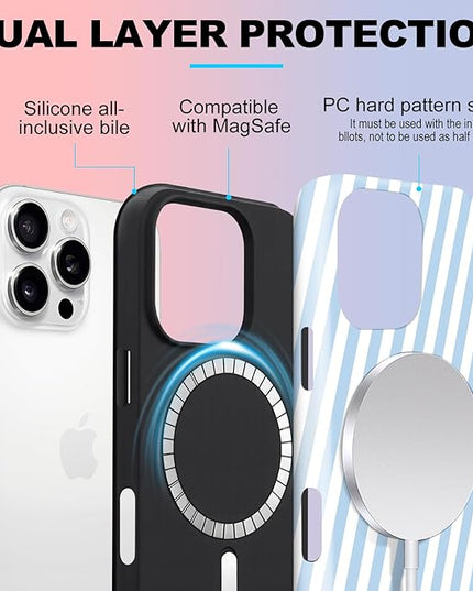 Magnetic for iPhone 16 Pro Max Case Cute Diagonal Stripes Phone Case, Shockproof Slim TPU and Hard PC Protective Phone Cover Compatible with MagSafe Designed for Women Girls,Blue