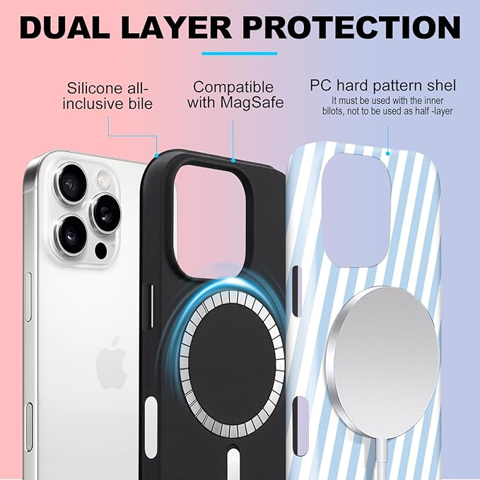 Magnetic for iPhone 16 Pro Max Case Cute Diagonal Stripes Phone Case, Shockproof Slim TPU and Hard PC Protective Phone Cover Compatible with MagSafe Designed for Women Girls,Blue