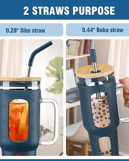 Glass Tumbler with Lid and Straw, 46 oz Iced Coffee Cup with Handle, Large Water Bottles with Silicone Sleeve, Glass Cup with Straws - Pearl Straw & Drinking Straw BPA Free-Blue