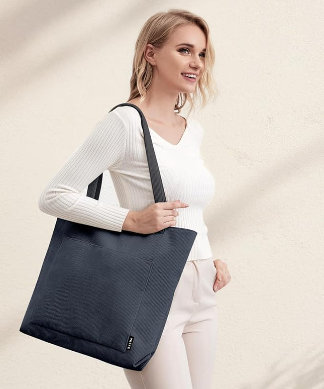 Prite Corduroy Tote Bag for Women Large Shoulder Bag with Zipper and Pockets for College Work Travel Shopping