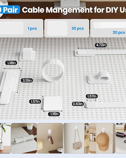 Cable Management Under Desk, 【Up to 15 Cord】【Enhanced Wire Holder】 Reusable Cord Organizer Holder, Adjustable Hook and Loop Cable Ties, Wire Clips Under Table Hider, 20 Pair(White)