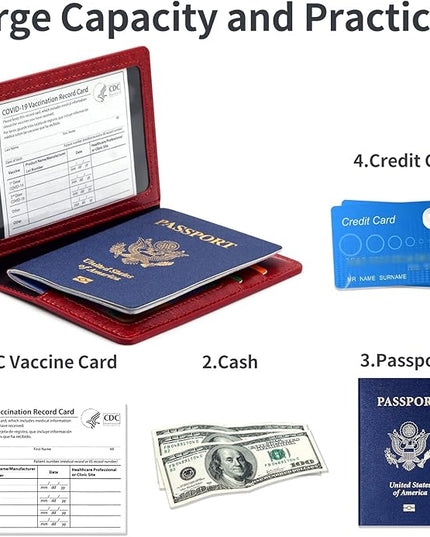Passport Holder Cover Wallet Case RFID Blocking Leather Card Slot Travel Accessories Documents Organizer Protector for Women Men, Wine Red