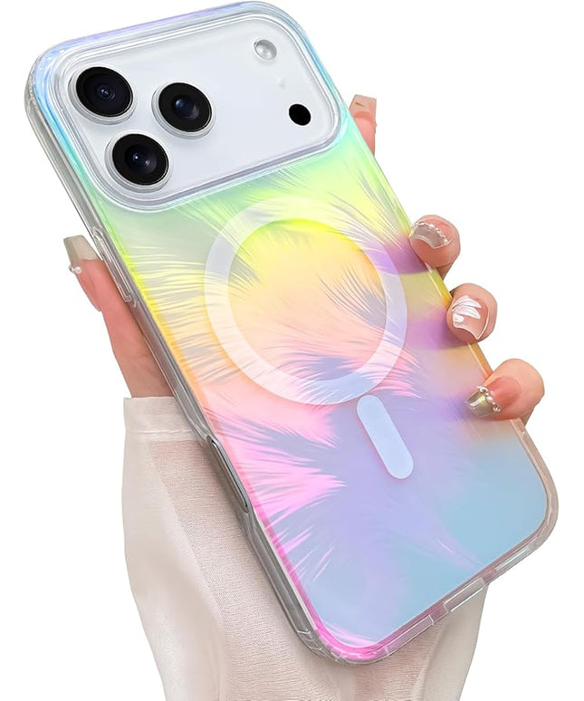 Glitter Case for iPhone 17 Pro Max Case for Women Girls [ Compatible with Magsafe ] Clear Cute Aesthetic Girly Iridescent Feather Sparkly Bling Magnetic Phone Cover, Gradient Blue & Pink