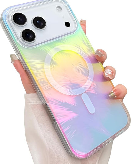 Glitter Case for iPhone 17 Pro Case for Women Girls [ Compatible with Magsafe ] Clear Cute Aesthetic Girly Iridescent Feather Sparkly Bling Magnetic Phone Cover, Gradient Blue & Pink