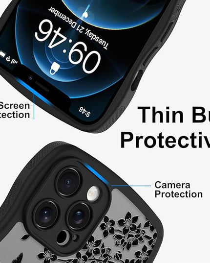 Wavy Case for iPhone 12 Pro Max Case with Stand [Compatible with MagSafe] Cute Black Cat & Floral & Butterflies Pattern Design, Kawaii 360 Magnetic Ring Kickstand Phone Cover for Women Girls