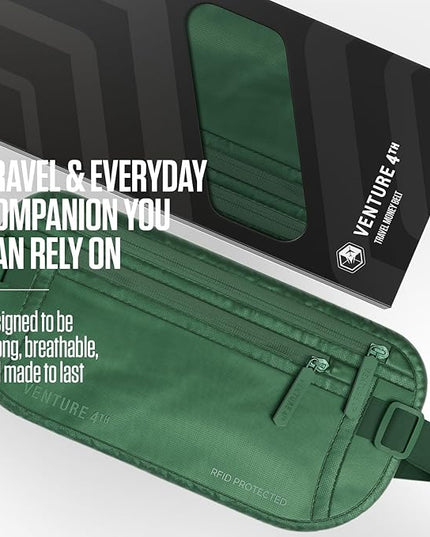 VENTURE 4TH Money Belt for Travel – Hidden Under-Clothes RFID Blocking Passport Holder & Slim Travel Wallet Pouch for Men & Women to Protect Cash, Cards & Documents (Sleek Army Green)