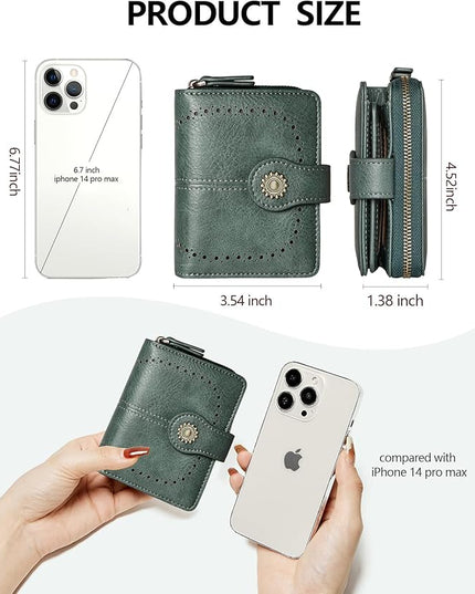 TFKGS Small Womens Wallet Leather RFID Blocking Bifold Compact Card Holder Ladies Zipper Accordion Pocket with ID Window Green