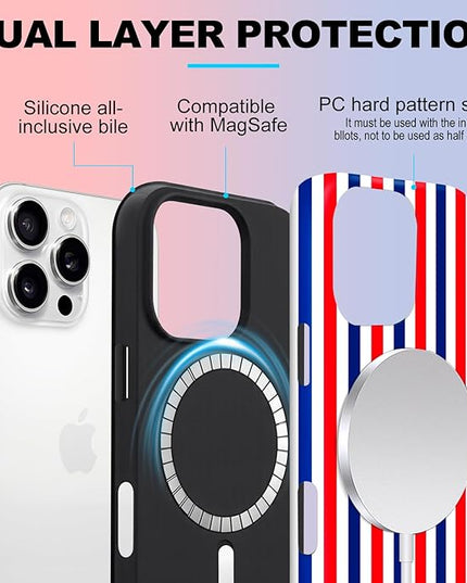 Magnetic for iPhone 15 Pro Case Cute Stripes Phone Case, Shockproof Slim TPU and Hard PC Protective Phone Cover Compatible with MagSafe Designed for Women Girls, Red and Blue