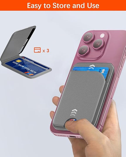 for Magsafe Wallet, Phone Cardholder with Adjustable Stand, Magnetic Card Holder with 3 Card Slots, Magnetic Wallet for iPhone 16/15/14/13/12 Series, Not for iPhone 13/12 Mini(Gray, Leather)