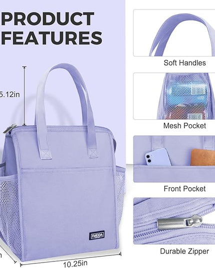 Fmeida Insulated Lunch Bag Women, Simple Lunch Tote Bags, Waterproof Thermal Cooler Lunch Bag, Reusable Adult Lunch Box Bag for Women | Large Purple, Front&Side Pockets