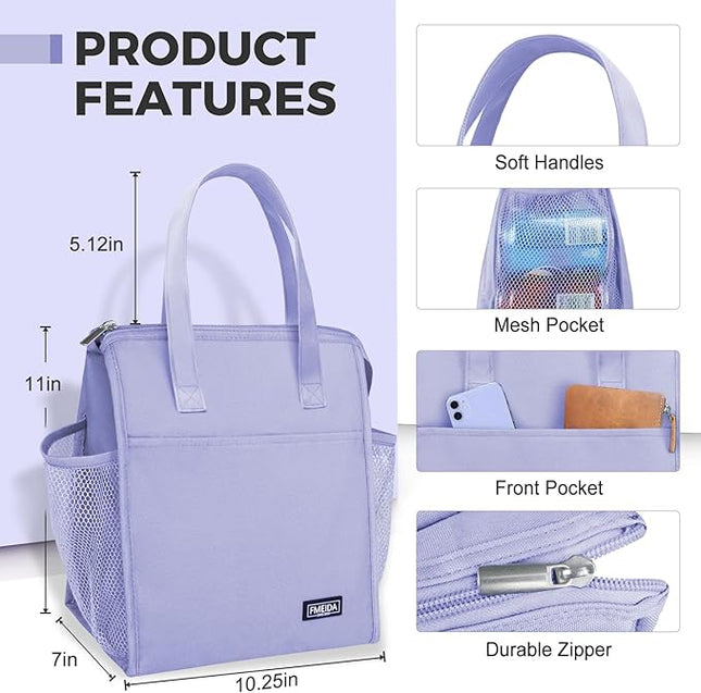 Fmeida Insulated Lunch Bag Women, Simple Lunch Tote Bags, Waterproof Thermal Cooler Lunch Bag, Reusable Adult Lunch Box Bag for Women | Large Purple, Front&Side Pockets