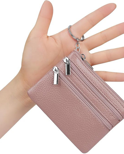 Women's Genuine Leather Coin Purse Mini Pouch Change Wallet with Keychain