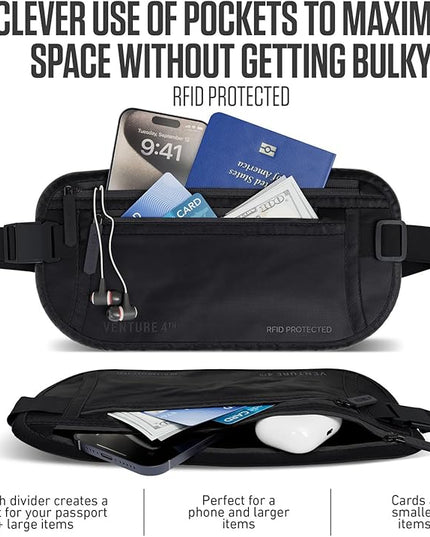 VENTURE 4TH Money Belt for Travel – Hidden Under-Clothes RFID Blocking Passport Holder & Slim Travel Wallet Pouch for Men & Women to Protect Cash, Cards & Documents (Sleek Black)