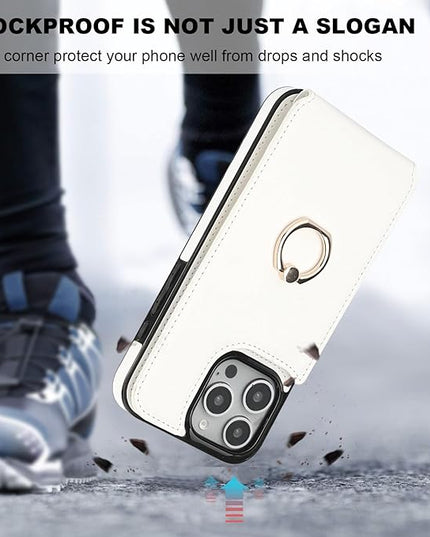 Folosu Compatible with iPhone 16 Pro Max Case Wallet with Card Holder, 360°Rotation Finger Ring Holder Kickstand, RFID Blocking Leather Protective Double Buttons Shockproof Cover 6.9 Inch White