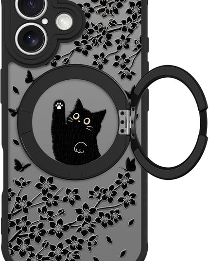 Cute Case for iPhone 17 Case with Stand [ Compatible with MagSafe ] Kawaii Black Cat & Floral & Butterflies Pattern Design 360 Magnetic Ring Kickstand Phone Cover for Women Girls Boys
