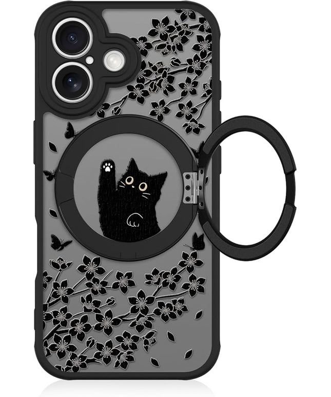 Cute Case for iPhone 17 Case with Stand [ Compatible with MagSafe ] Kawaii Black Cat & Floral & Butterflies Pattern Design 360 Magnetic Ring Kickstand Phone Cover for Women Girls Boys