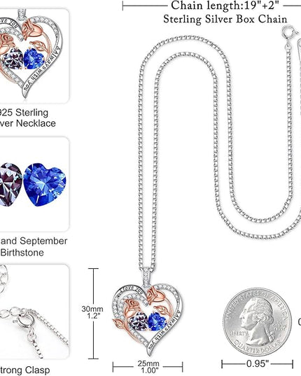 Iefil Christmas Gifts for Women Wife - 925 Sterling Silver Rose Heart Birthstone Necklace Birthday Anniversary Jewelry Gifts for Her Wife Mom Daughter