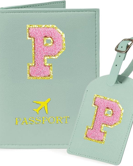 COSHAYSOO Initial Passport Cover Luggage Tag Set Letter Passport Holder Airplane Cruise Travel Essentials Vacation Traveling Accessories Personalized Gifts for Women Teen College Girls Teal P