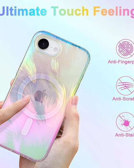 Glitter Case for iPhone 16e Case for Women Girls [ Compatible with Magsafe ] Clear Cute Aesthetic Girly Iridescent Feather Sparkly Bling Magnetic Phone Cover, Gradient Blue & Pink