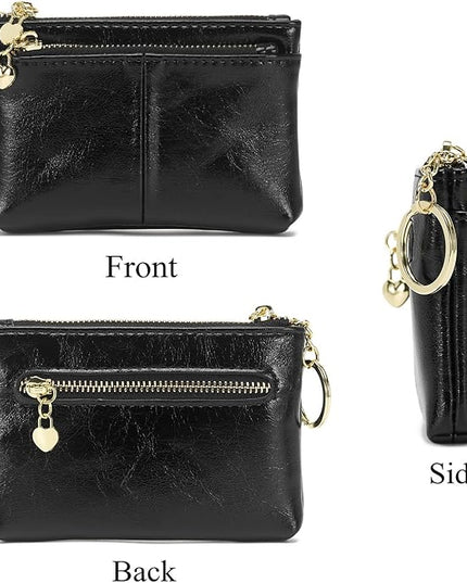 ZOOEASS Women PU Leather Zip Mini Coin Purse With Key Ring Triple Zipper Card Holder Wallet(Black)