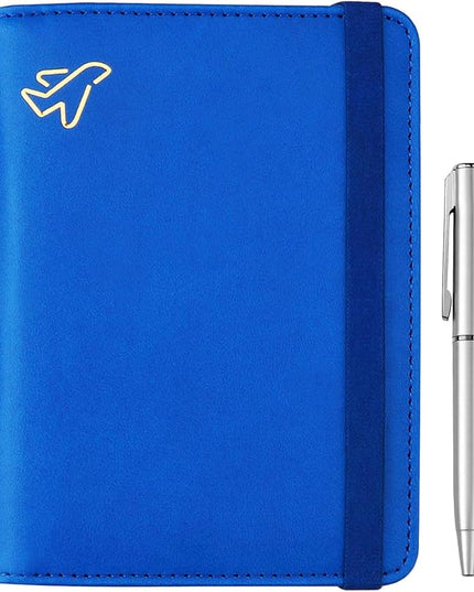 WALNEW Passport Holder for Travel, RFID Passport Cover Wallet for Women Men, PU Leather Passport Book Card Holder Case with Pen, Travelling Essentials for Flying